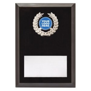 Medium black gloss award plaque featuring silver laurel wreath insert with centre logo space and brushed silver engraving plate for custom text.