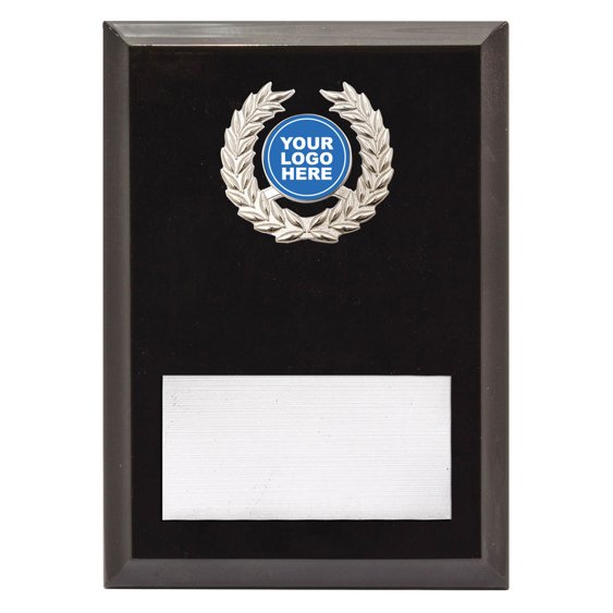 Medium black gloss award plaque featuring silver laurel wreath insert with centre logo space and brushed silver engraving plate for custom text.