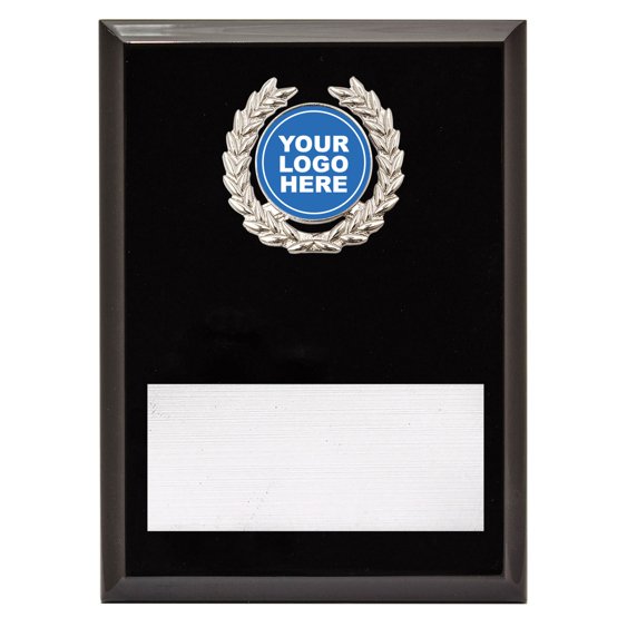 Small black gloss award plaque featuring silver laurel wreath insert with centre logo space and brushed silver engraving plate for custom text.