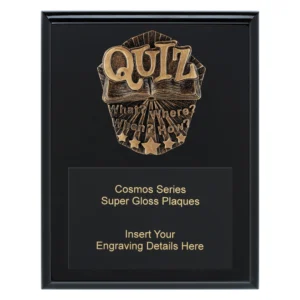 Black high gloss award plaque with bronze quiz emblem and custom engraving plate area