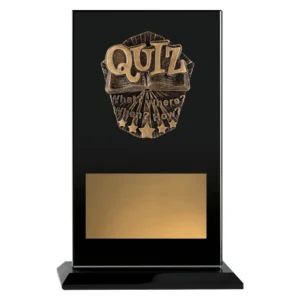 Black high gloss award plaque featuring bronze quiz book emblem and custom engraving plate area