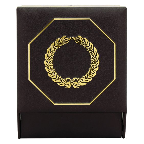 Large black hinged medal presentation box with gold octagon border and laurel detail on lid, designed for formal award displays.