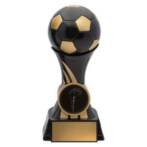 Small black and gold soccer trophy with football top on textured column, circular insert position and gold engraving plate on black base.