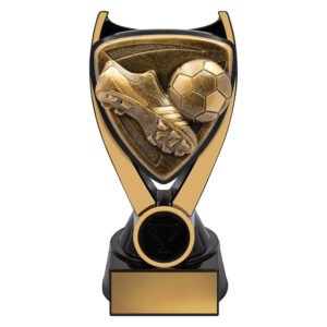 Small black and gold soccer boot trophy with curved swirl column, circular centre logo insert, and square black base with plaque.