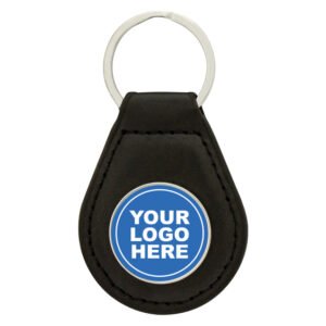 Black leatherette key fob with stitched edge and circular logo insert holder