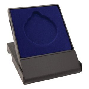 Small black angled medal display stand with blue velvet insert, designed to securely hold and present a standard medal.