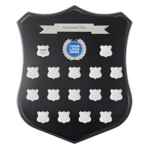 Black perpetual award shield plaque with silver banner header, central wreath logo insert and multiple silver name plates