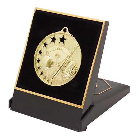 Black hinged presentation box with gold trim featuring a sports themed medal insert and front engraving plate for personalised award details.