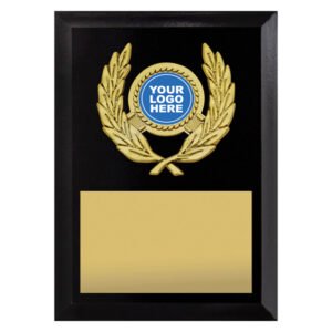 Small black timber award plaque featuring gold wreath emblem with insert centre and large gold engraving plate for custom text.
