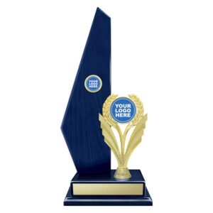 Small tall angled blue trophy with small logo insert, paired with gold laurel wreath figure on base and engraved plate for custom presentation.