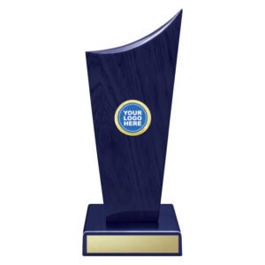Small tall blue curved panel trophy with round logo insert and gold engraving plate on matching base.