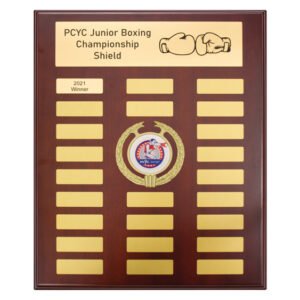 Mahogany perpetual shield plaque with gold plates and boxing glove header panel for annual championship winners