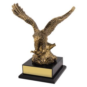 Bronze eagle award statue with wings spread mounted on black base with blank gold engraving plate