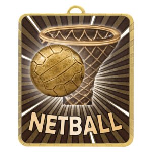 Bronze netball medal featuring hoop and ball with radiating sunburst detail and netball text