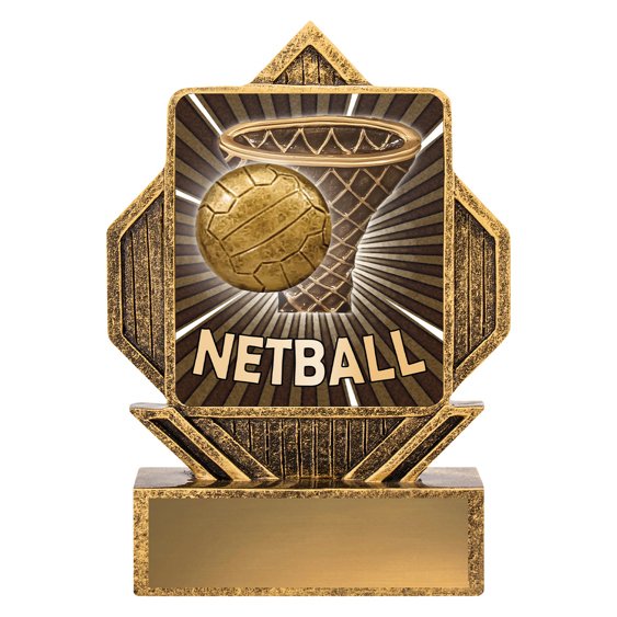 Bronze netball hoop and ball plaque trophy with sunburst background and blank gold engraving plate
