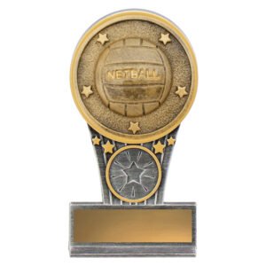 Bronze netball medallion trophy with star accents and blank gold engraving plate on base