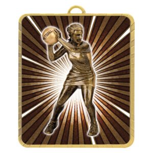 Bronze netball player medal with raised figure and sunburst background detail