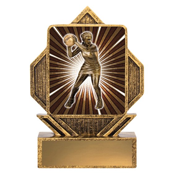 Bronze netball player plaque trophy with sunburst background and blank gold engraving plate