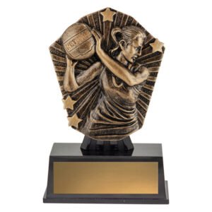 Bronze netball player resin trophy with star accents and blank gold engraving plate on black base