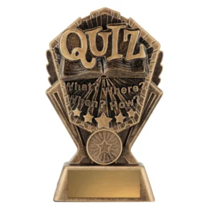 Small bronze resin quiz trophy with open book and What Where When How design, shield shape with star detail and gold engraving plate