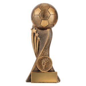 Small bronze soccer trophy featuring large football top with curved column design, star detailing and front emblem panel, mounted on base with engraving plate area.