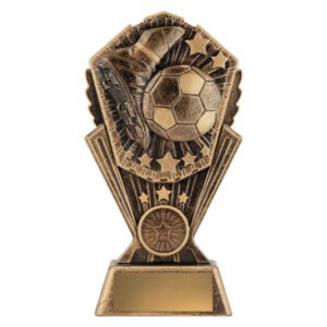 Medium bronze soccer trophy featuring raised boot and football design with star accents and textured background, mounted on tapered base with engraving plate area.