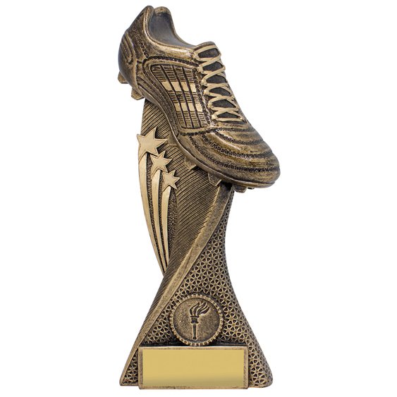 Extra large bronze soccer trophy featuring raised football boot with star accents and textured curved column, mounted on solid base with engraving plate area.