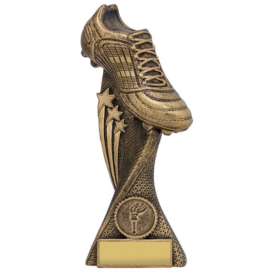 Medium bronze soccer trophy featuring raised football boot with star accents and textured curved column, mounted on solid base with engraving plate area.