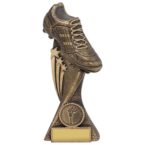 Small bronze soccer trophy featuring raised football boot with star accents and textured curved column, mounted on solid base with engraving plate area.