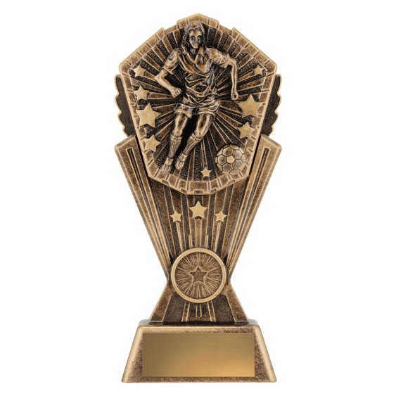 Large bronze soccer trophy featuring female player in action with football and radiating starburst backdrop, mounted on a solid base with engraving plate area.