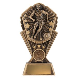 Medium bronze soccer trophy featuring female player in action with football and radiating starburst backdrop, mounted on a solid base with engraving plate area.