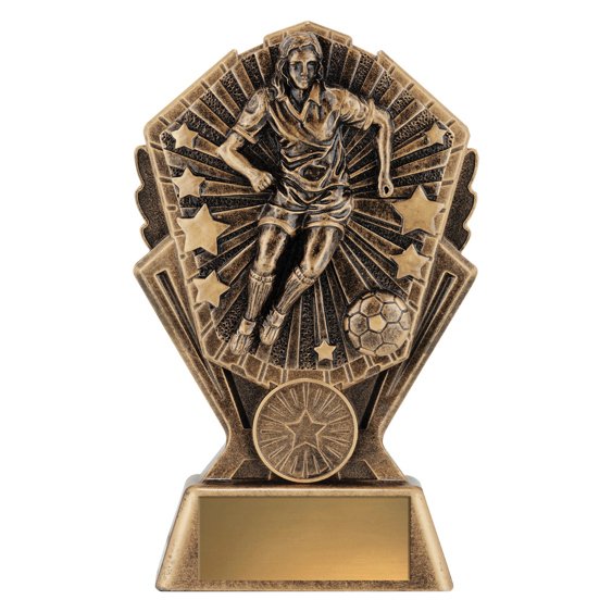Small bronze soccer trophy featuring female player in action with football and radiating starburst backdrop, mounted on a solid base with engraving plate area.