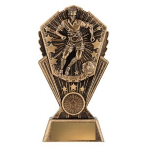 Medium bronze soccer trophy featuring detailed player in motion with football and starburst background, set on a tapered base with engraving plate area.