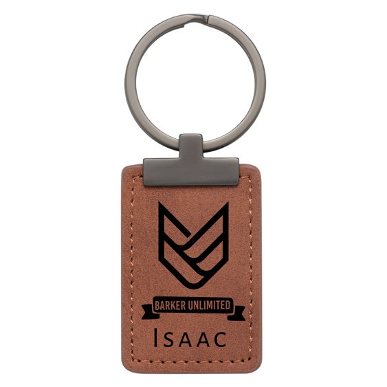 Brown leatherette engraved keychain with stitched border and metal ring