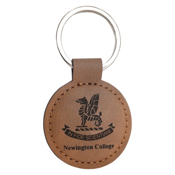 Brown round leatherette engraved keychain with stitched edge and metal ring