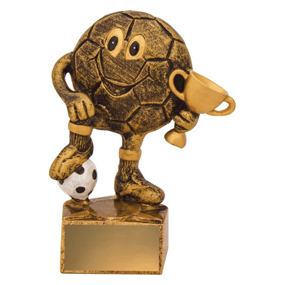 Gold cartoon soccer ball character trophy holding a cup and standing on a football base.