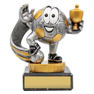 Small silver and gold cartoon soccer ball character trophy holding a cup on black base.