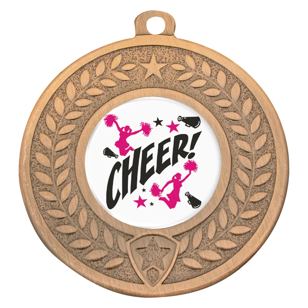 Bronze cheerleading medal with laurel wreath border, star detail, and centre logo insert.