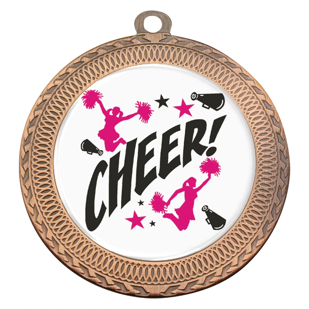 Bronze cheerleading medal with patterned border design and centre logo insert