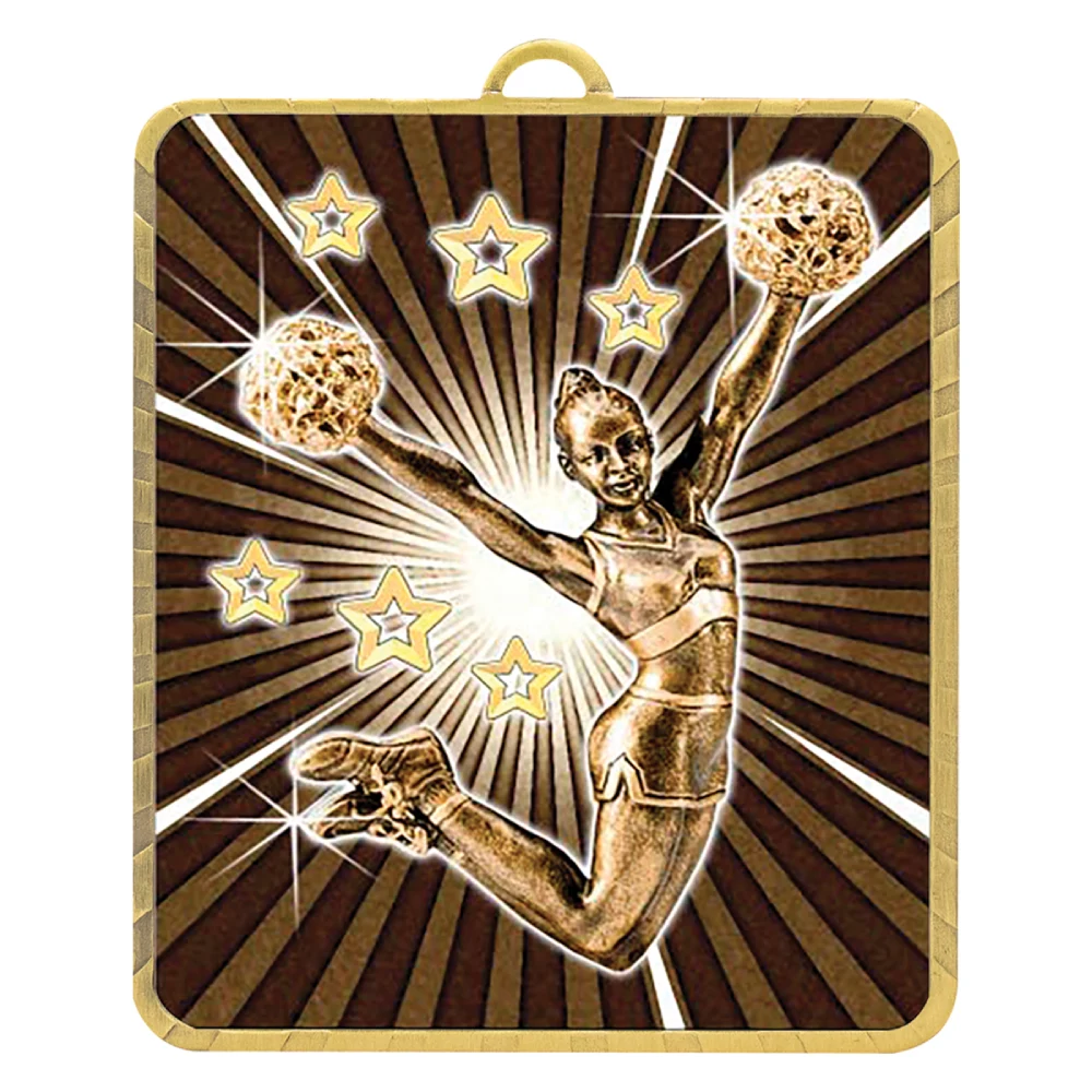 Cheerleading medal with raised cheerleader figure holding pom poms with starburst background and stars.