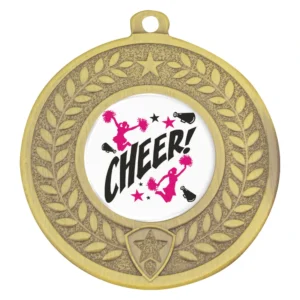 Gold cheerleading medal with laurel wreath border, star detail, and centre logo insert.