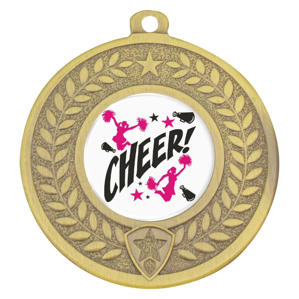 Gold cheerleading medal with laurel wreath border, star detail, and centre logo insert.