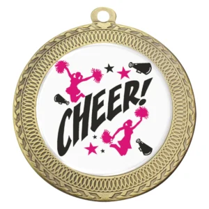 Gold cheerleading medal with patterned border design and centre logo insert