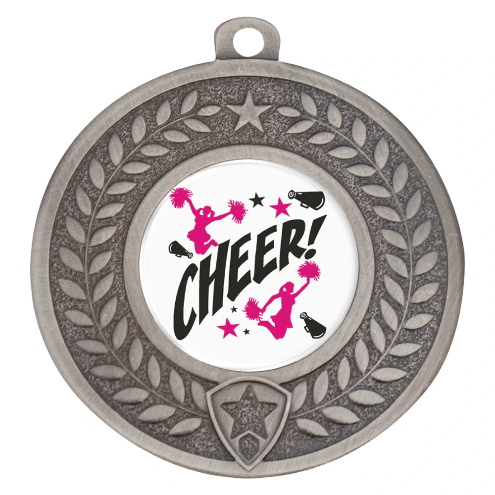 Silver cheerleading medal with laurel wreath border, star detail, and centre logo insert.