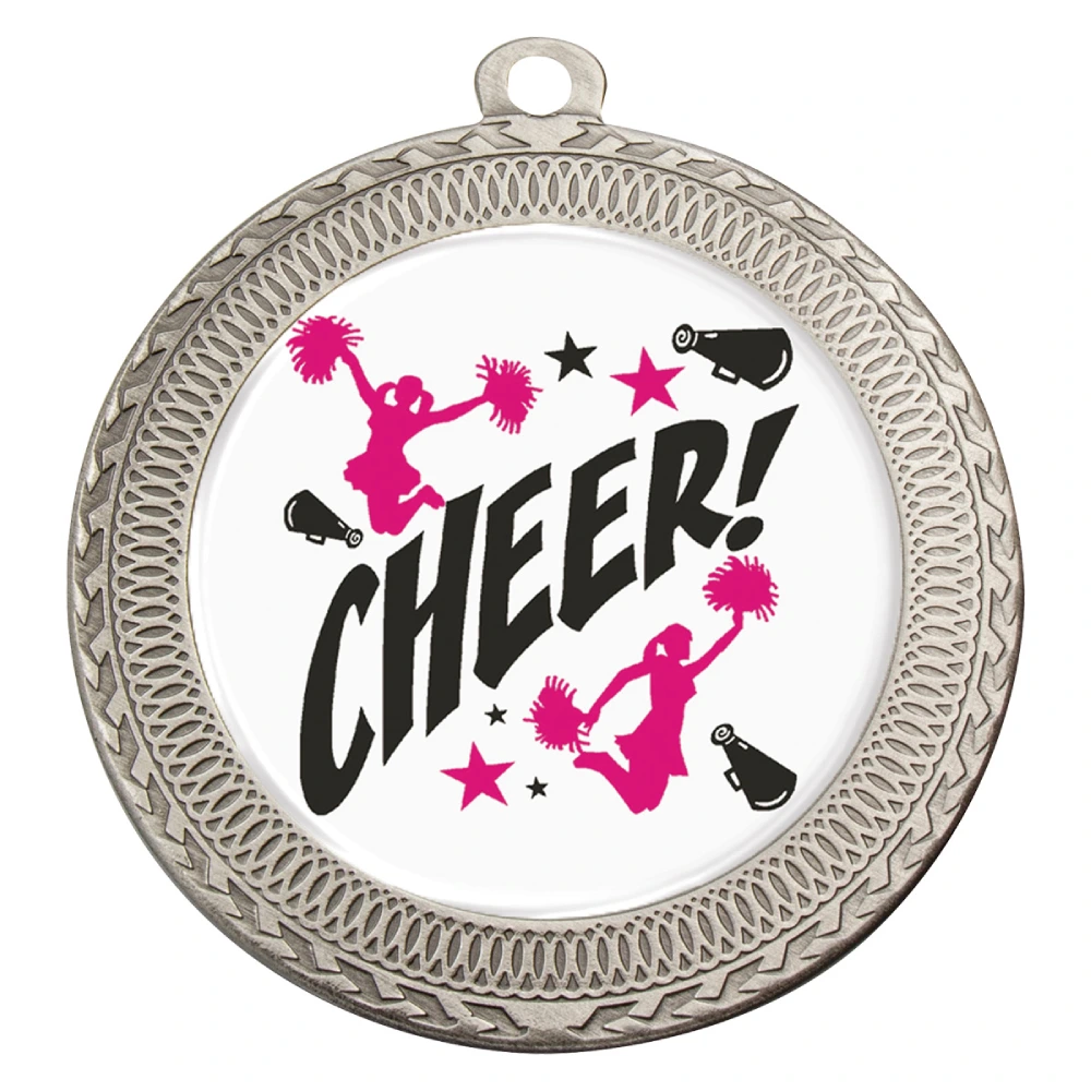 Silver cheerleading medal with patterned border design and centre logo insert