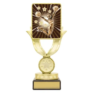 Small cheerleading trophy with cheerleader holding pom poms insert, gold column design, star medallion detail, and engraving plate on base