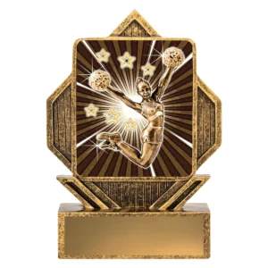 Cheerleading trophy with cheerleader holding pom poms in starburst design with stars and engraving plate on base