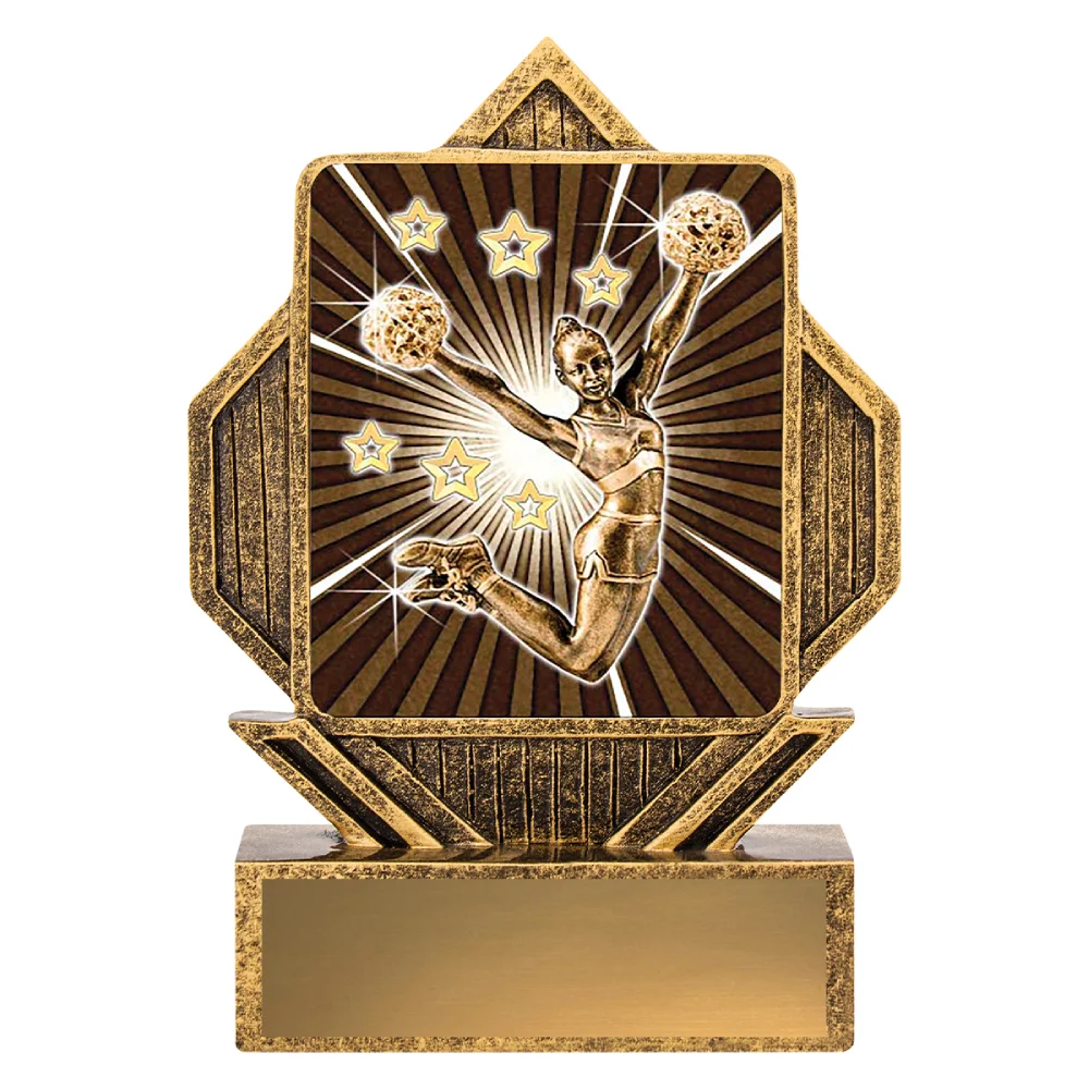Cheerleading trophy with cheerleader holding pom poms in starburst design with stars and engraving plate on base