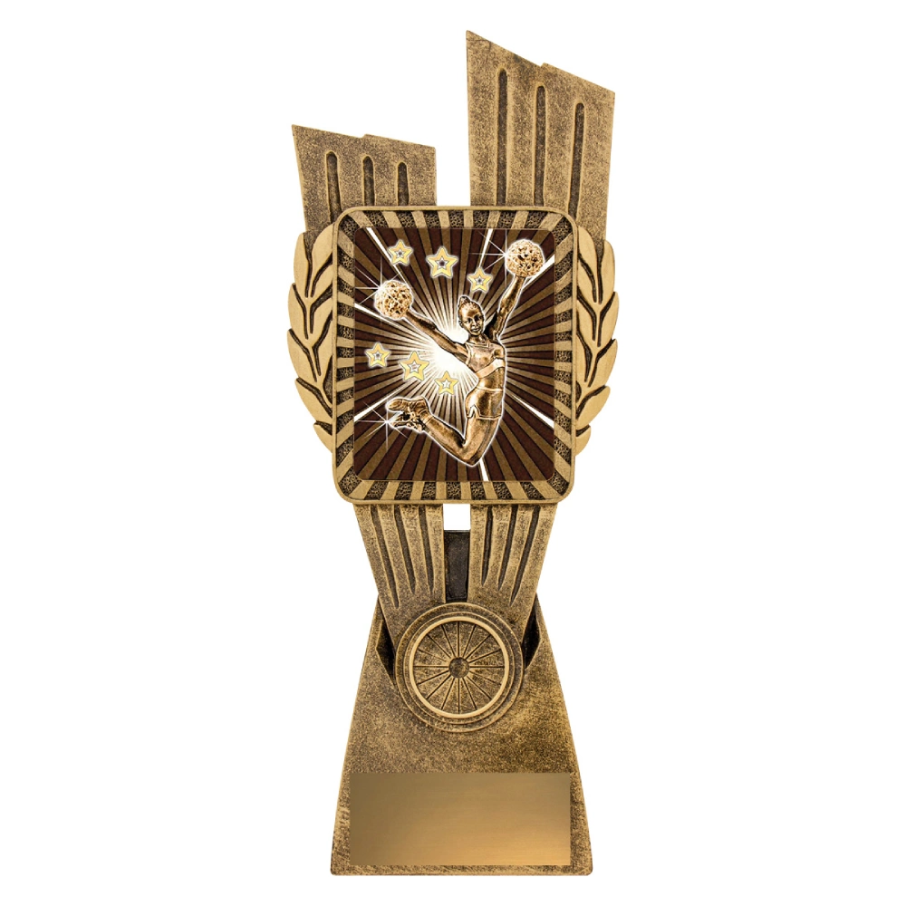 Extra large tall cheerleading trophy with cheerleader holding pom poms, starburst background, and gold engraving plate on base.