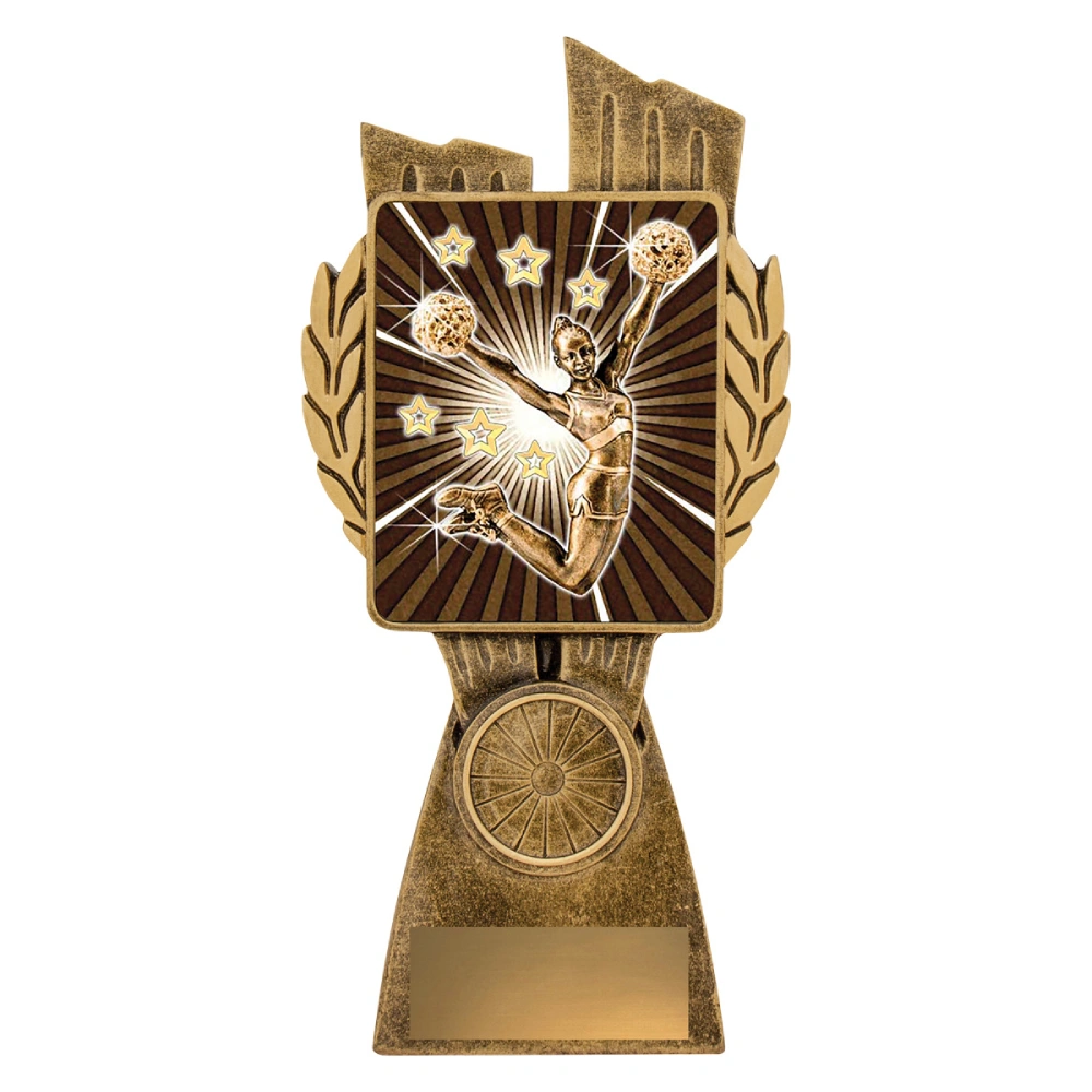 Medium cheerleading trophy with cheerleader holding pom poms, starburst background, and gold engraving plate on base.